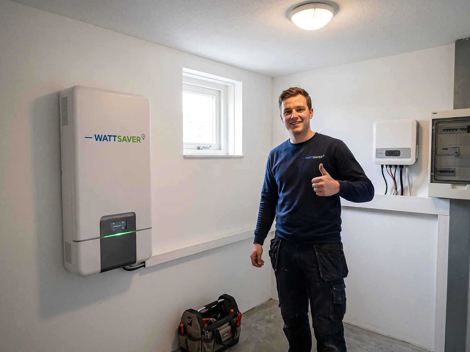 WattSaver-monteur met duim omhoog naast een gemonteerde thuisbatterij
