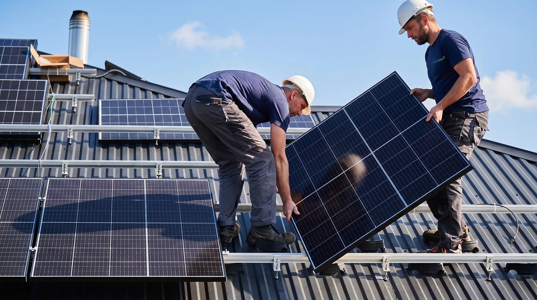 Twee WattSaver-monteurs plaatsen zonnepanelen op een dak op een zonnige dag