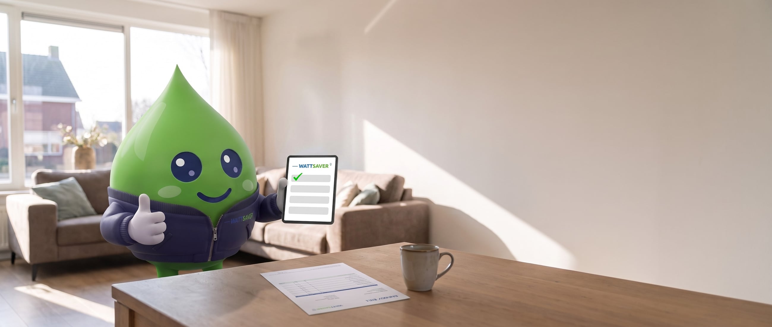 Wattje in de woonkamer met een tablet waarop de vergelijking van energietarieven staat