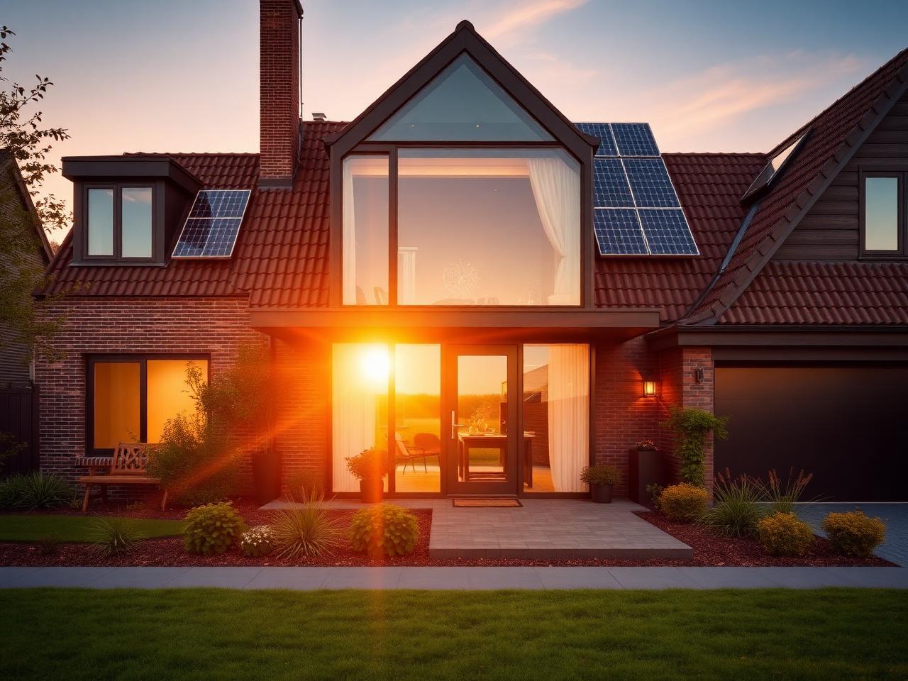 Nederlands huis met zonnepanelen bij gouden uur