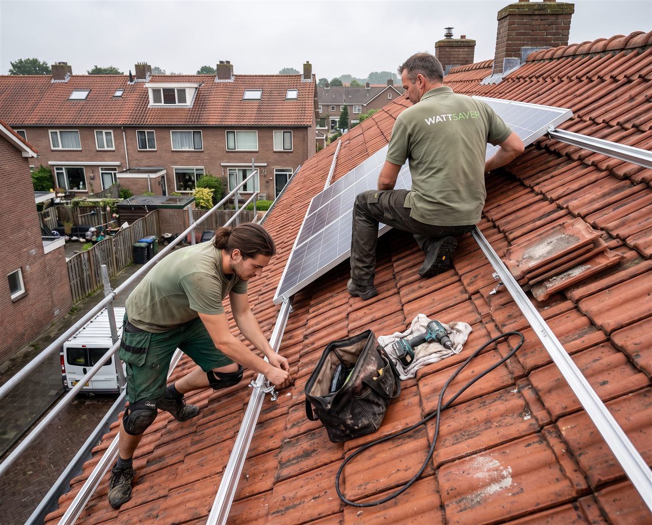 Twee Wattsaver-monteurs installeren zonnepanelen op een hellend dak