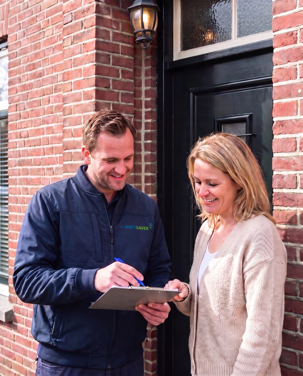 WattSaver-adviseur neemt de warmtecheck door met een bewoner bij de voordeur