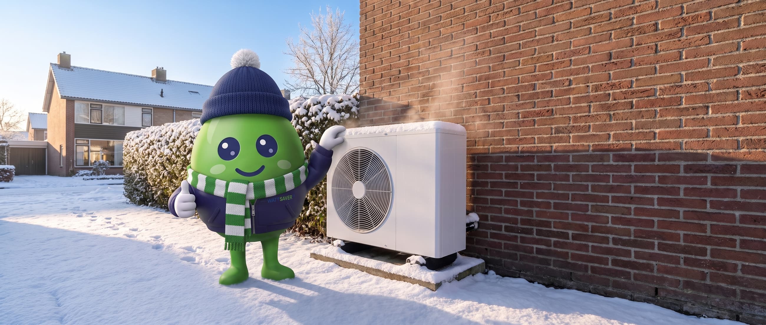 Wattje met muts en sjaal naast de buitenunit van een warmtepomp in de sneeuw