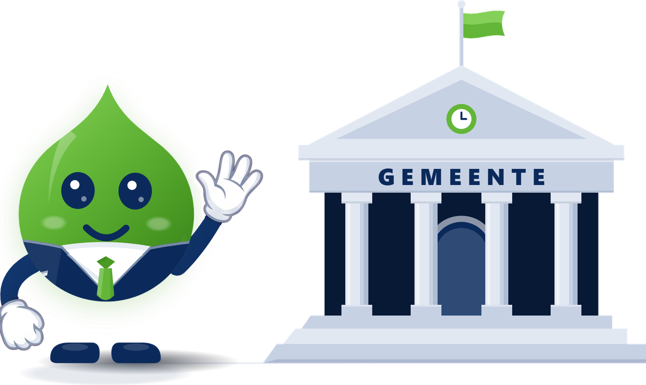 Wattje, de WattSaver-mascotte in pak, bij het gemeentehuis