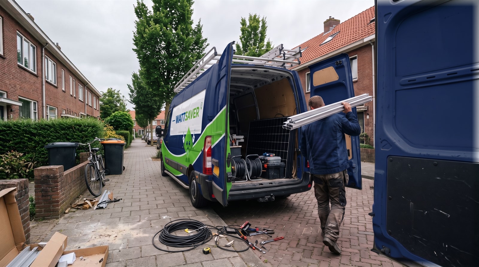 Monteur laadt rails uit de bus voor een rijtjeshuis