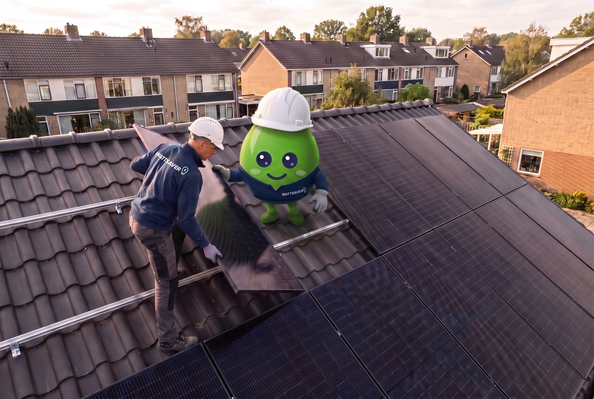 Wattje en een WattSaver-monteur leggen een zonnepaneel op een pannendak